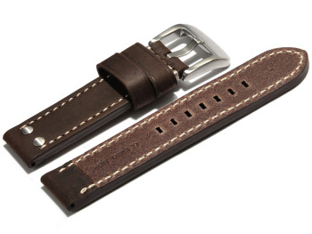 Bracelet de montre cuir de veau -  2 rivets -  style vintage -  Modèle Bolide - marron - extrafort - 24mm